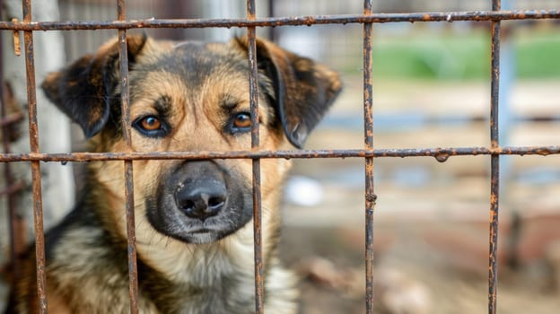 A dog is looking through a metal fence.