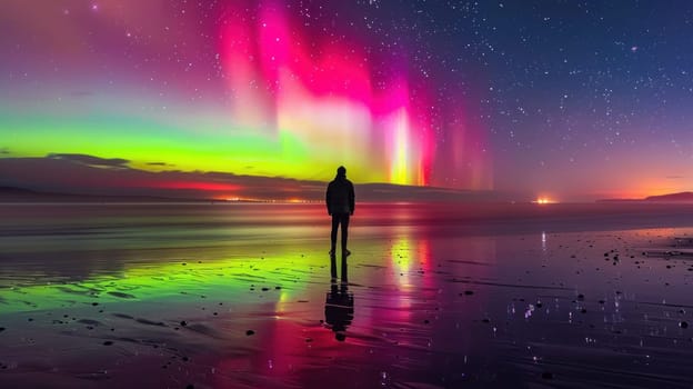 A man stands on the beach, with a colorful aurora borealis in the sky and reflections of light in the water..