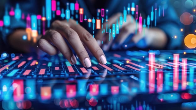 A woman is typing on a computer screen with a colorful graph.