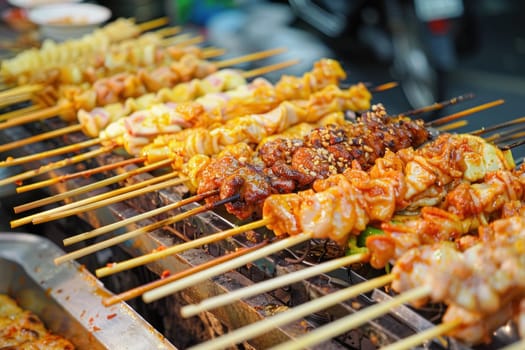 Delectable Thai street food featuring succulent meat skewers.