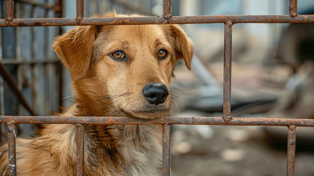 A dog is looking through a metal fence.