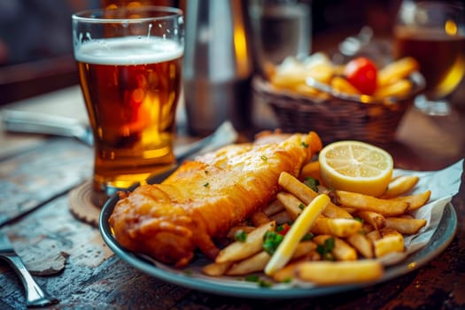 fish and chips on a wood table. Served with a beer . Generative AI.