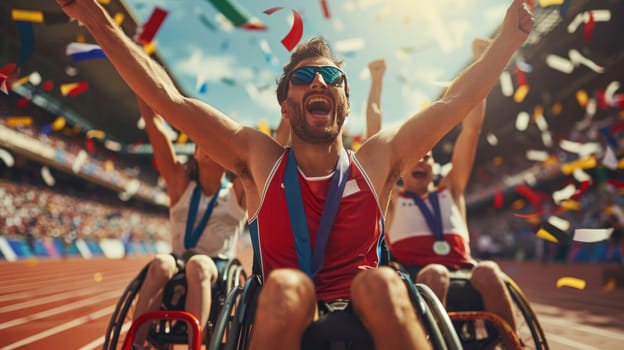 A group of Paralympic athletes in wheelchairs celebrating on a track.