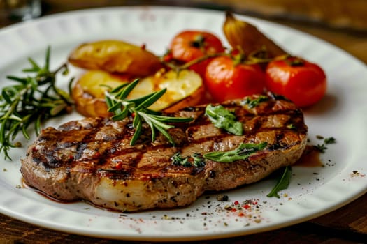 Meat Steak rare on a plate with vegetables . Generative Ai.