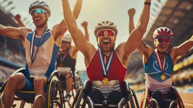 A group of Paralympic athletes in wheelchairs celebrating on a track.