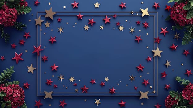 The 4th of July Independence Day is celebrated with a banner of stars and flags.