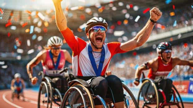 A group of Paralympic athletes in wheelchairs celebrating on a track.