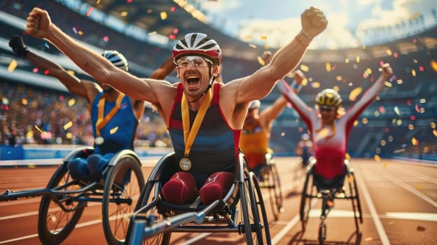 A group of Paralympic athletes in wheelchairs celebrating on a track.