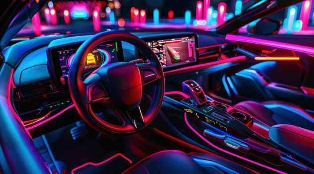 Vibrant interior of an electric car with a holographic touchscreen and neon lighting.