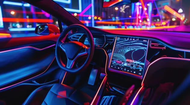 Vibrant interior of an electric car with a holographic touchscreen and neon lighting.