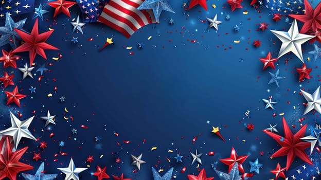 The 4th of July Independence Day is celebrated with a banner of stars and flags.