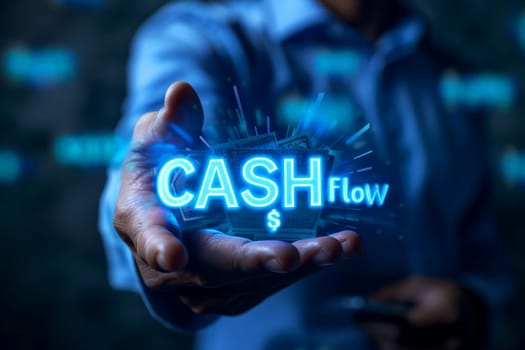 cash flow finance which A businessman in a dark blue suit points at cash flow notification sign . Generative AI..