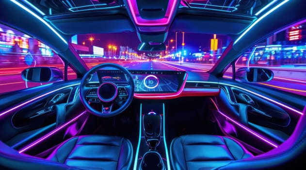 Vibrant interior of an electric car with a holographic touchscreen and neon lighting.