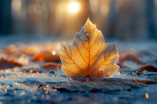 Frosty Morning on maple Leaf with frost in late autumn or early winter. Generated AI..
