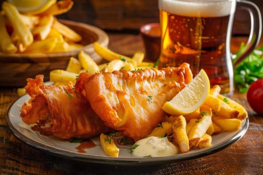 fish and chips on a wood table. Served with a beer . Generative AI.