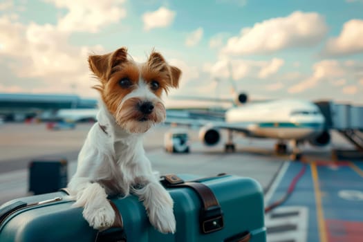 Traveling with dogs on vacation Adorable terrier in a luggage. Generative Ai.