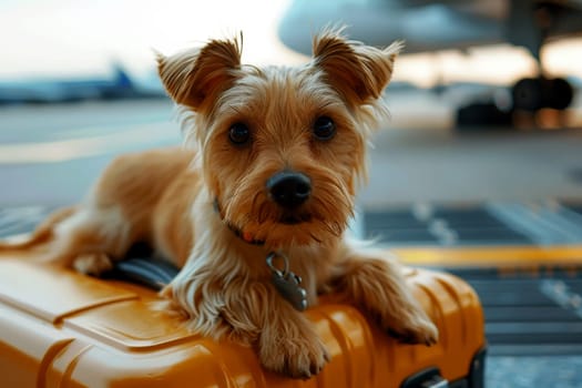 Traveling with dogs on vacation Adorable terrier in a luggage. Generative Ai.