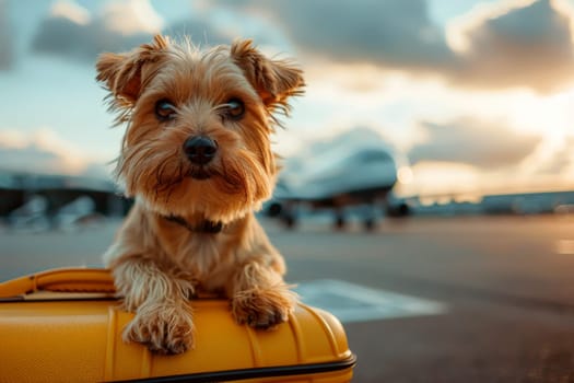 Traveling with dogs on vacation Adorable terrier in a luggage. Generative Ai.