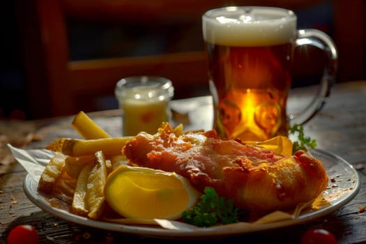 fish and chips on a wood table. Served with a beer . Generative AI.