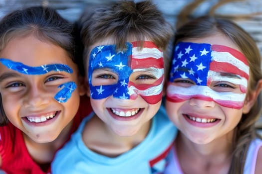 Happy children celebrating independence day with a face painted in the colors of the American flag. Generative AI.