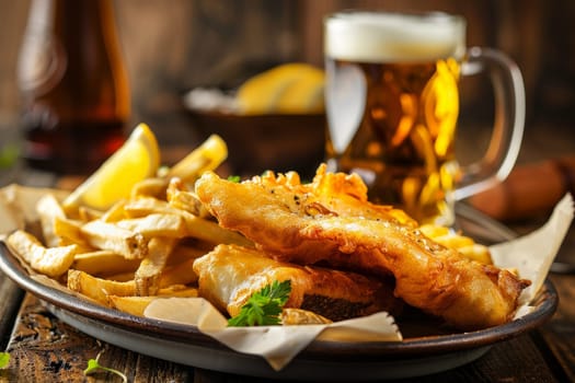 fish and chips on a wood table. Served with a beer . Generative AI.