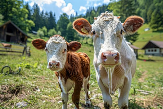 a cow and calf grazing. Farm animals on landscape background . AI Generated.