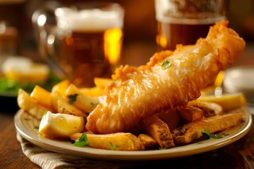 fish and chips on a wood table. Served with a beer . Generative AI.