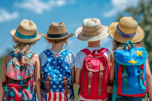 Back view of kids with backpacks and hats travel on summer vocation . ai generative.