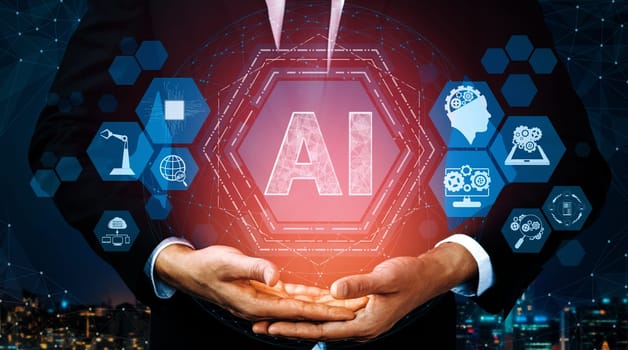 AI Learning and Artificial Intelligence Concept - Icon Graphic Interface showing computer, machine thinking and AI Artificial Intelligence of Digital Robotic Devices. uds