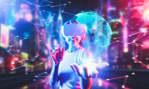 Smart female stand in virtual reality cyberpunk style building of meta wear VR headset connect metaverse, future cyberspace community technology, Woman see and hold 3D globe hologram. Hallucination.