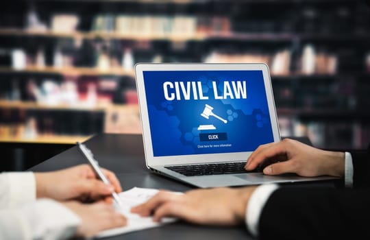 Civil law savvy information showing on laptop computer screen for Common Justice Legal Regulation Rights Concept