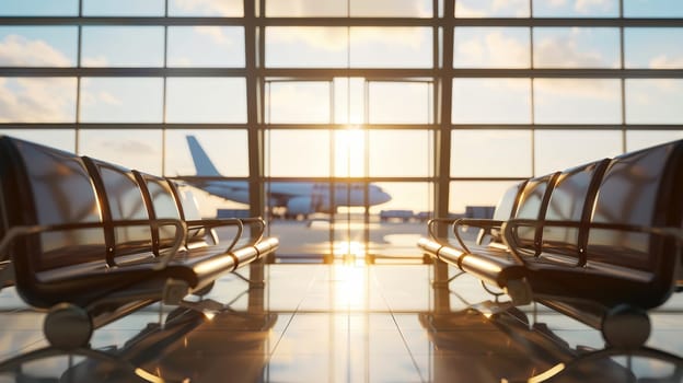 Waiting seats in an airport, View of a modern aircraft outside the glass window facade of a contemporary waiting hall in airport.