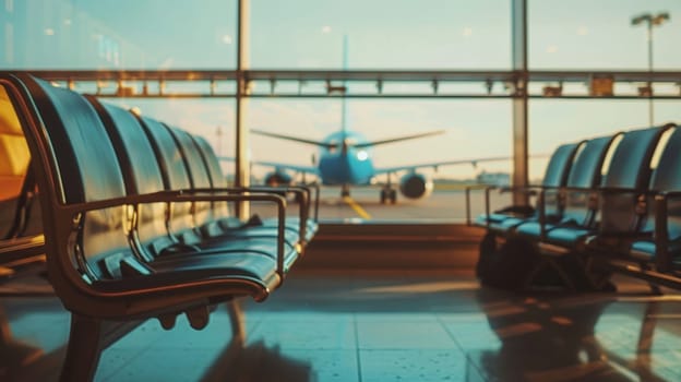 Waiting seats in an airport, View of a modern aircraft outside the glass window facade of a contemporary waiting hall in airport.