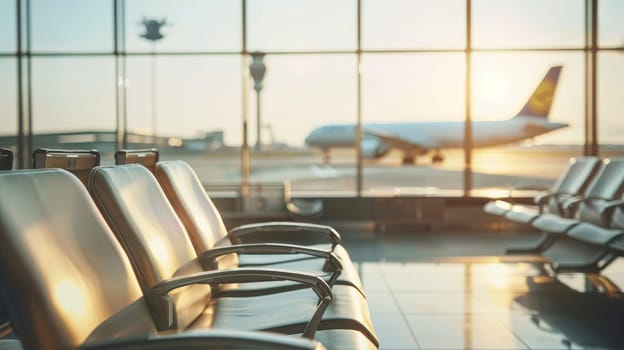 Waiting seats in an airport, View of a modern aircraft outside the glass window facade of a contemporary waiting hall in airport.