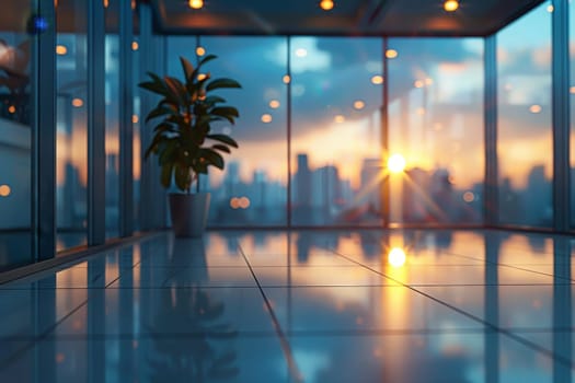 A large window with a potted plant in front of it. The sun is setting and the reflection of the city can be seen in the window