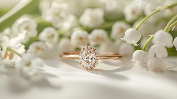 A ring with a white stone and gold band is set on a table with flowers. The ring is a symbol of love and commitment, and the flowers add a touch of elegance and natural beauty to the scene