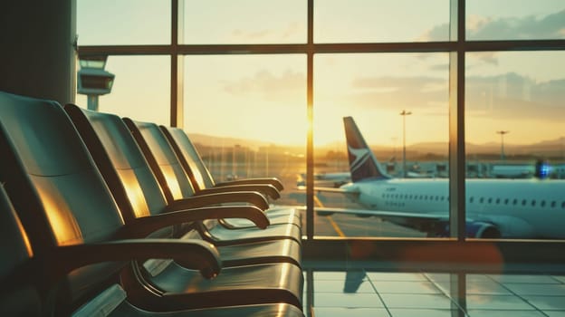 Waiting seats in an airport, View of a modern aircraft outside the glass window facade of a contemporary waiting hall in airport.