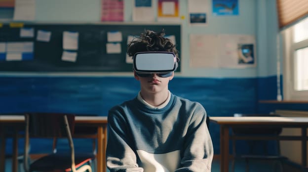 A young high school student sitting in a classroom with virtual reality goggles, Contemplative atmosphere.