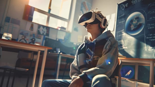 A young high school student sitting in a classroom with virtual reality goggles, Contemplative atmosphere.