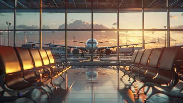 Waiting seats in an airport, View of a modern aircraft outside the glass window facade of a contemporary waiting hall in airport.