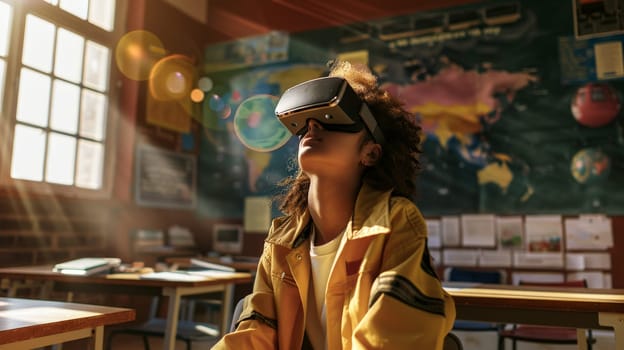 A young high school student sitting in a classroom with virtual reality goggles, Contemplative atmosphere.