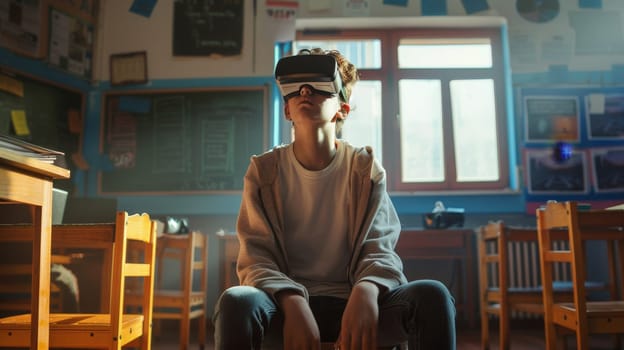 A young high school student sitting in a classroom with virtual reality goggles, Contemplative atmosphere.