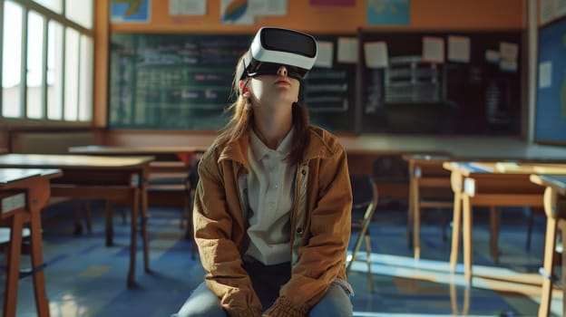 A young high school student sitting in a classroom with virtual reality goggles, Contemplative atmosphere.