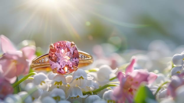 A pink diamond ring is set in a bed of white flowers. The ring is surrounded by pink flowers, which creates a romantic and elegant atmosphere. The sunlight shining on the ring and flowers adds a warm