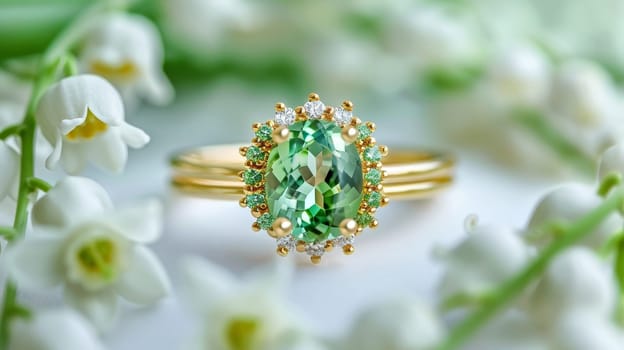 A green and white ring with a diamond and a green stone. The ring is set in gold and is surrounded by white flowers