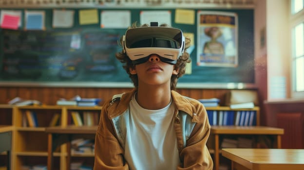 A young high school student sitting in a classroom with virtual reality goggles, Contemplative atmosphere.