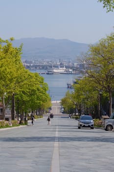 JAPAN - MAY 1, 2024: View of Hachiman-zaka Slope in summer. Popular Sightseeing Spot in Hakodate City, Hokkaido, Japan.