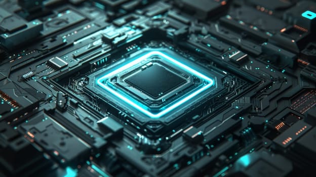 A high-tech chip surrounded by glowing blue light and metallic textures, Central Computer Processors CPU concept.