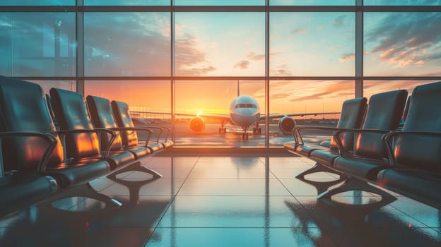 Waiting seats in an airport, View of a modern aircraft outside the glass window facade of a contemporary waiting hall in airport.