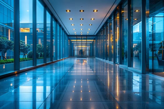 Blurred office interior background with panoramic windows and light from the window, Beautiful office interior blurred background.